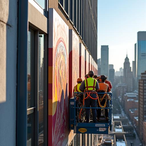 高所作業車を使い、ビルの壁面にアート作品を設置する技術者たち